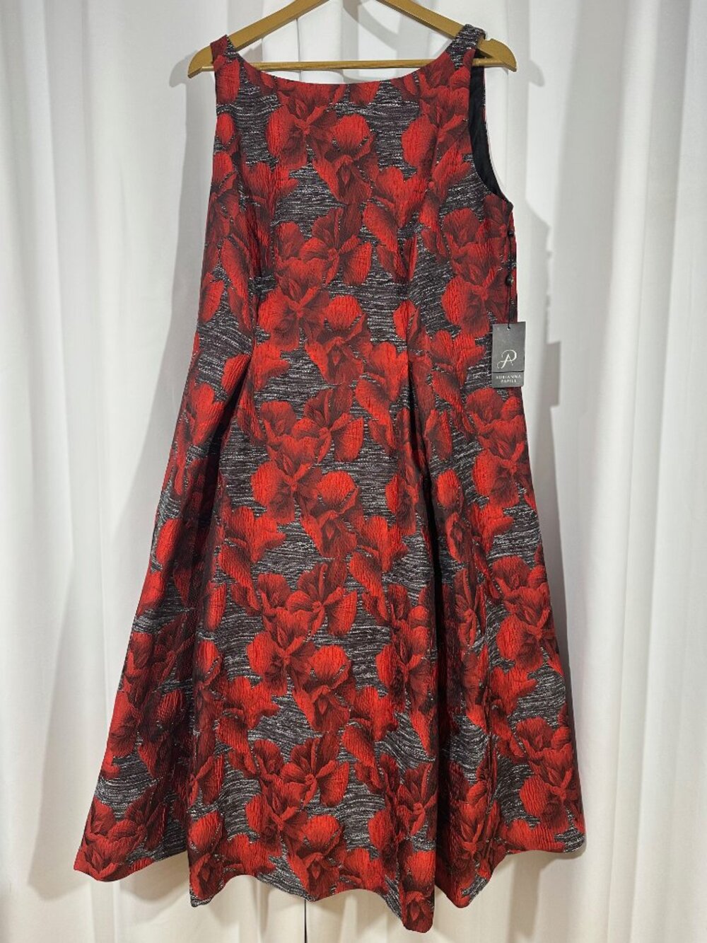 NWT Adrianna Papell 16W Red Black Floral Jacquard Fit Flare Midi Dress